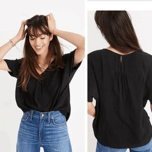 Madewell  Rhyme Blouse Top Women Small Black V-Neck Short Sleeve Keyhole NWT